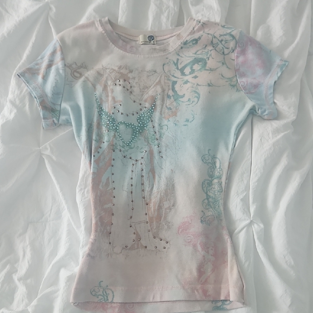 Vintage y2k ONE WORLD Pink And Blue Rhinestone Heart Tee Top Perfect Condition